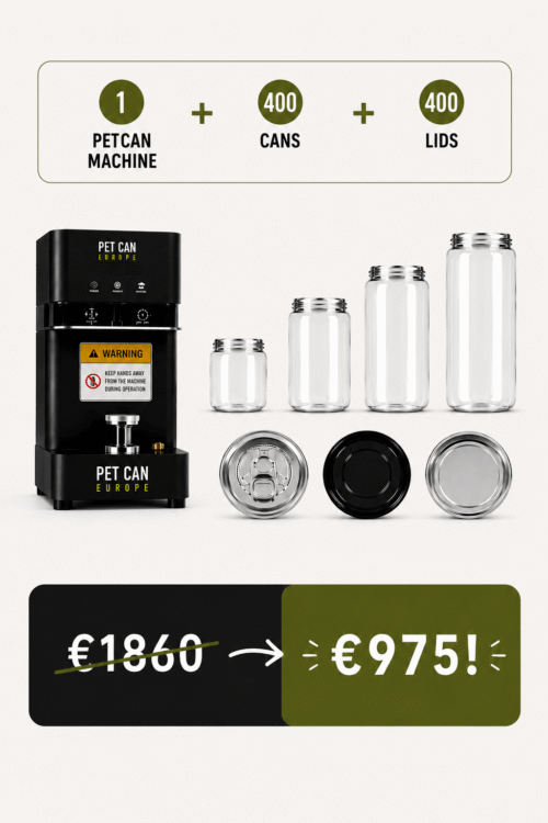 Kit de inicio: Selladora de latas de PET + Latas de PET + Tapas